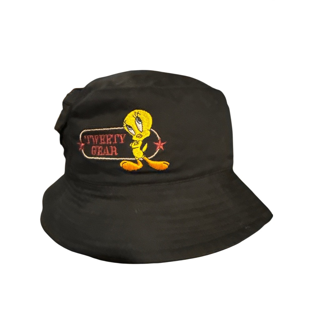 Looney Tunes Tweety Gear Black Bucket Hat Embroidered Tweety Bird Side Pocket